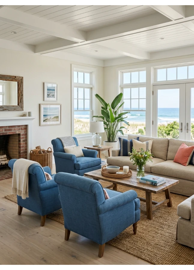 Blue upholstered armchairs