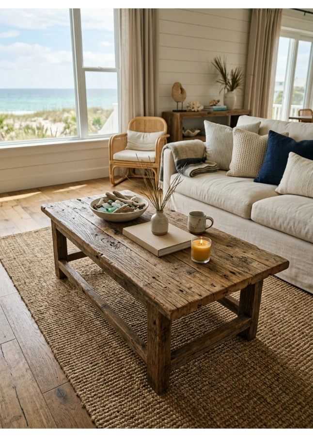 A driftwood or reclaimed wood coffee table