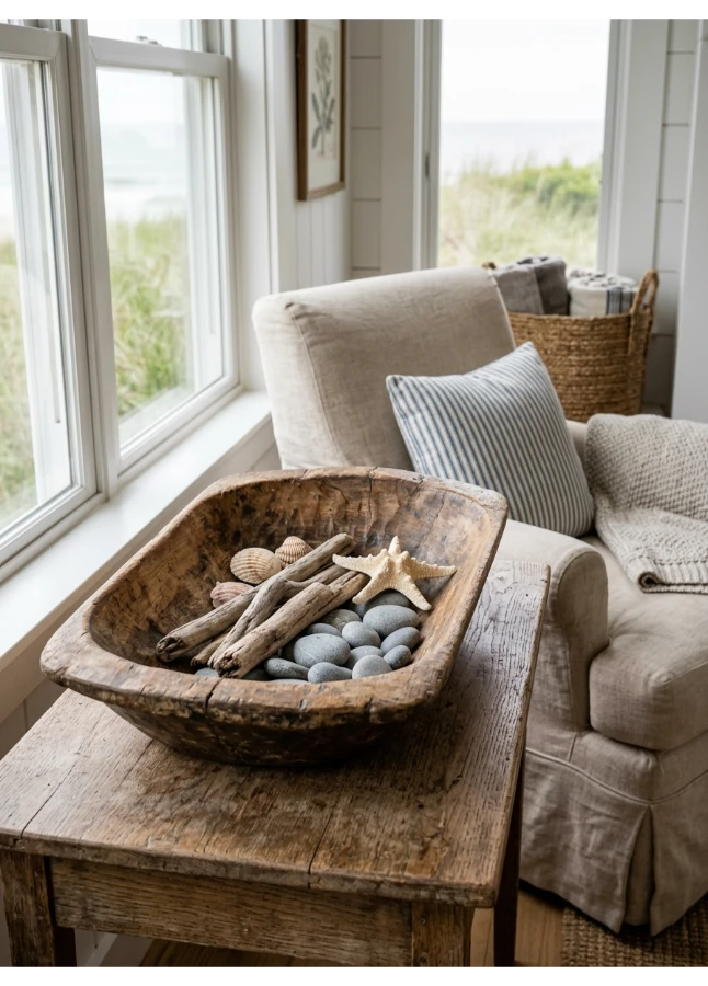 A vintage stool or dough bowl as a side table