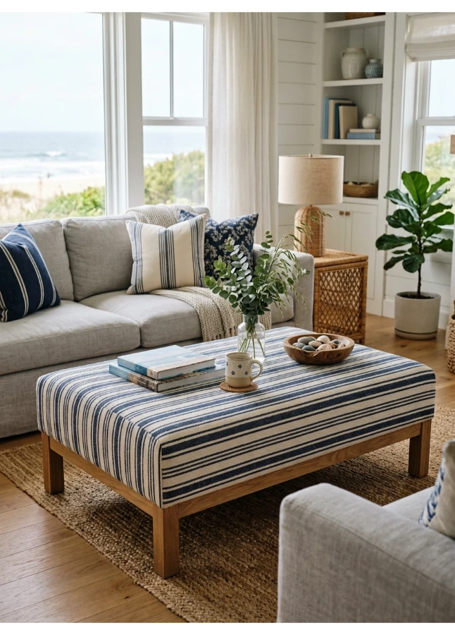 A striped upholstered coffee table or bench