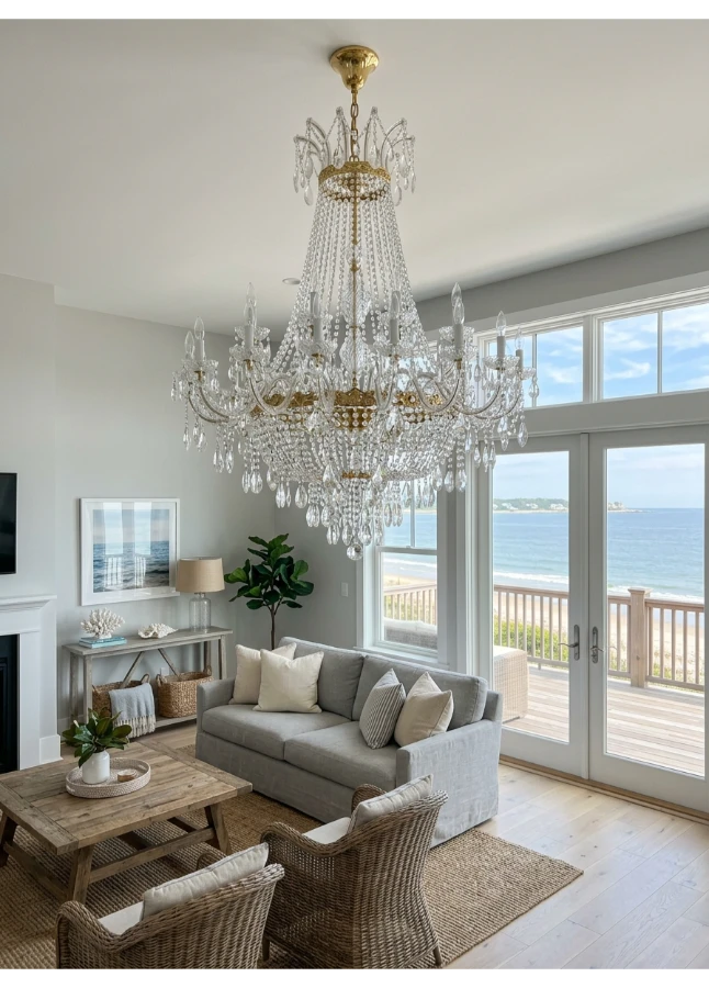 A large glass or capiz shell chandelier