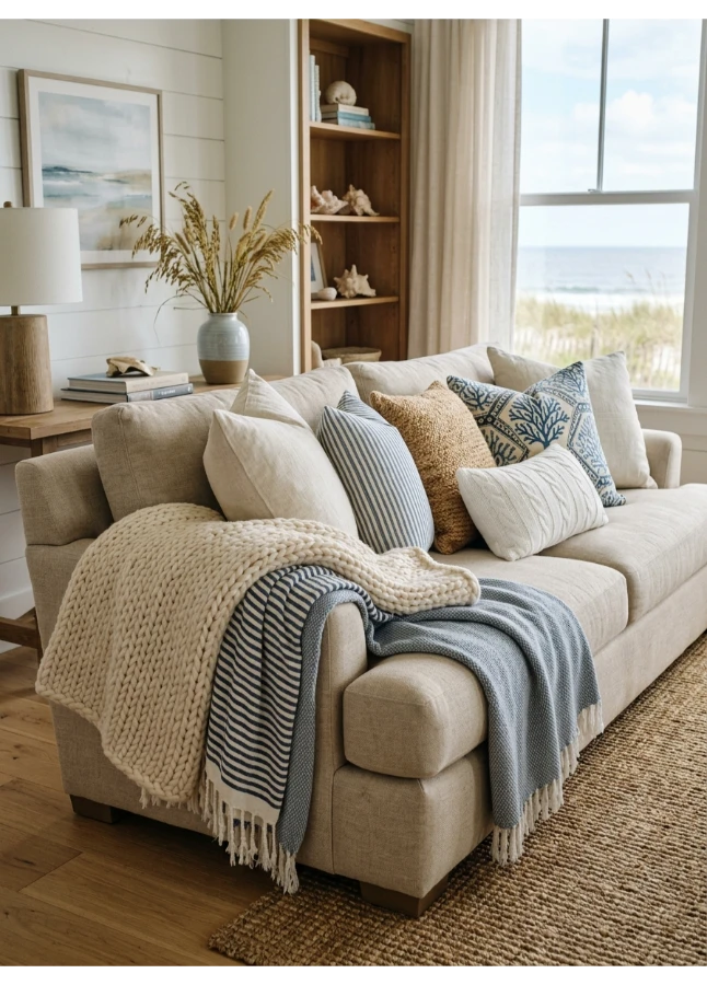 Layered throw blankets and pillows