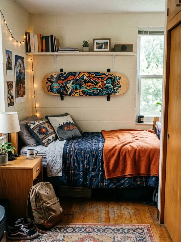 A skateboard deck or flag as the main statement