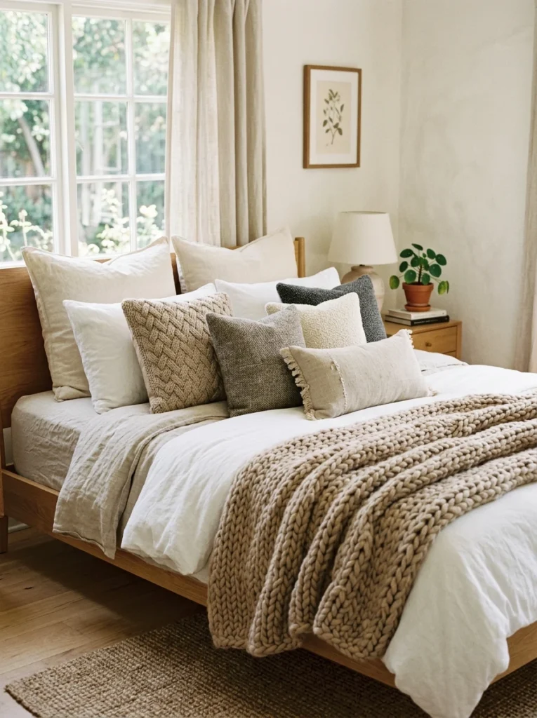 Layered throw pillows and a chunky blanket