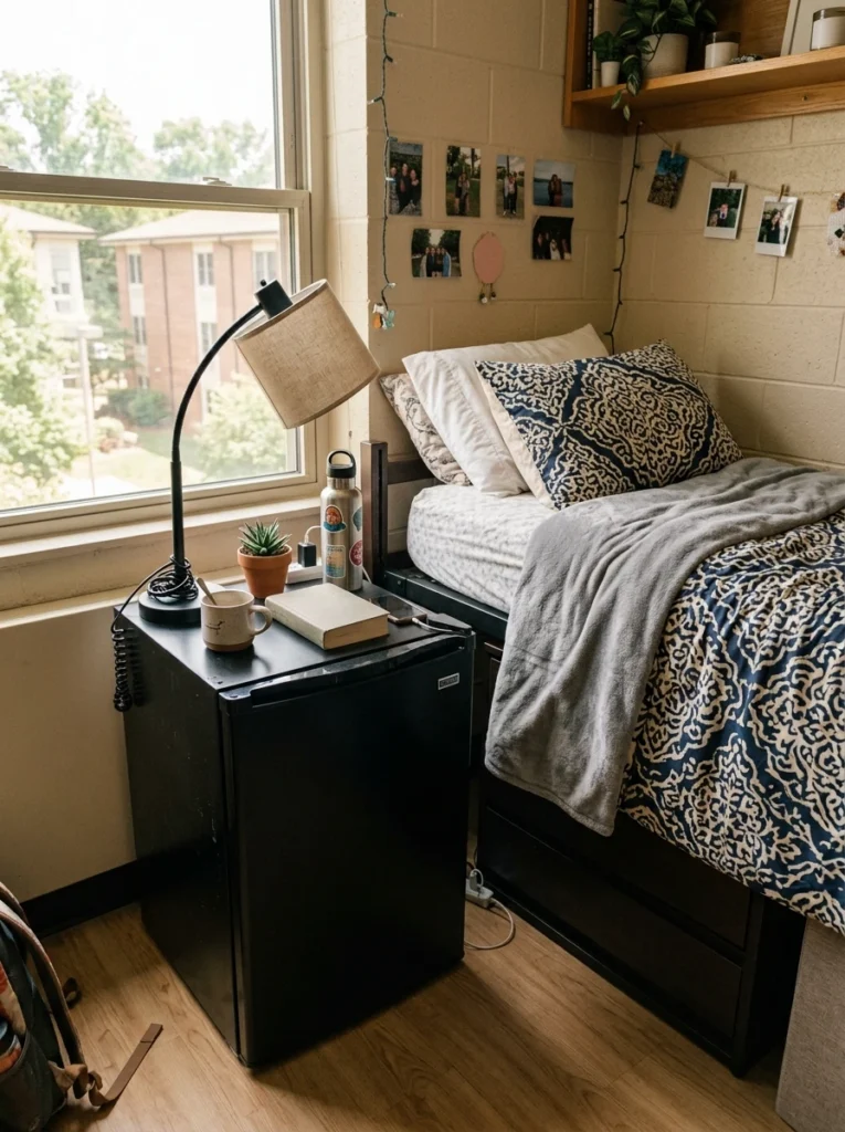 A mini fridge doubling as a nightstand