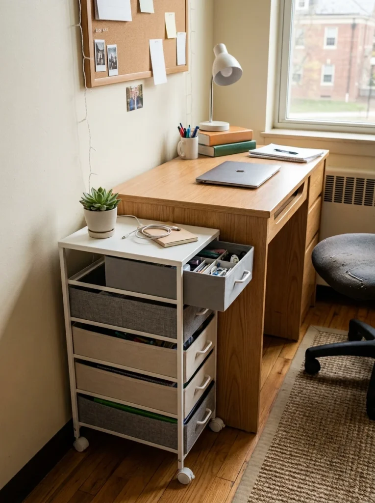 A rolling drawer cart beside the desk