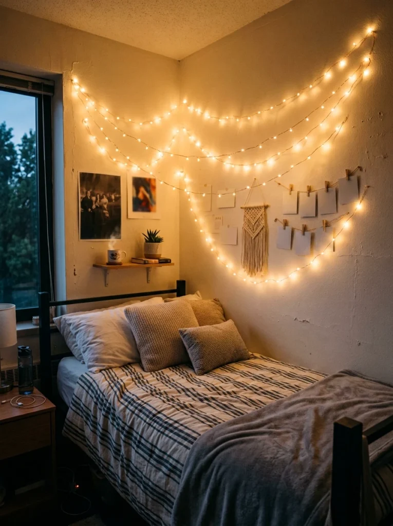 String lights above the bed
