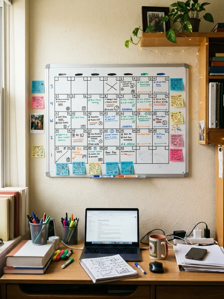 A wall calendar or whiteboard for staying organized