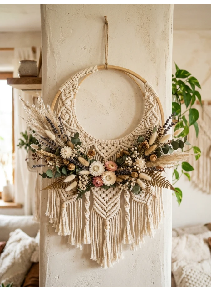 A macrame and dried flower wreath