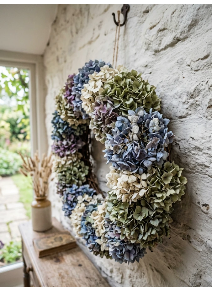 A dried hydrangea wreath