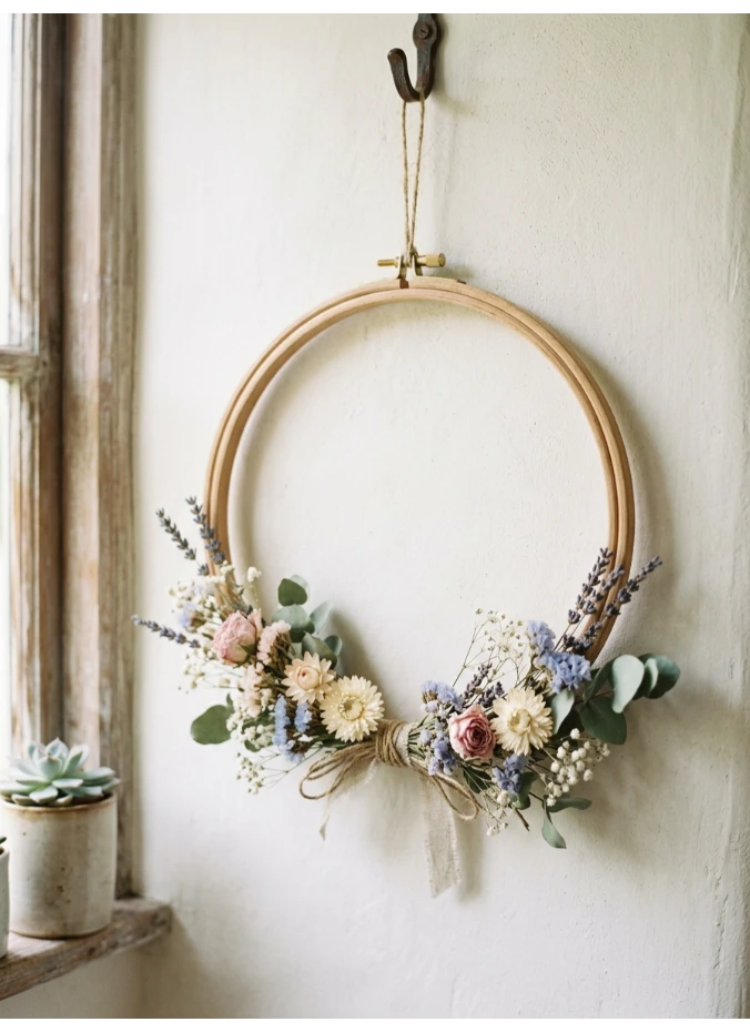 An embroidery hoop wreath