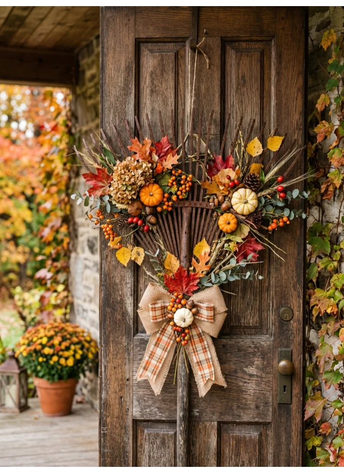A rake-shaped wreath
