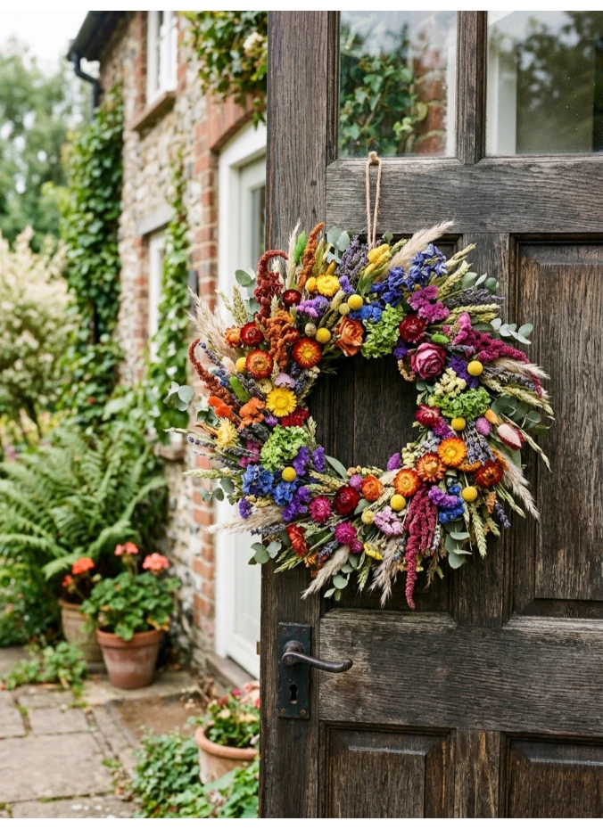 A rainbow dried flower wreath