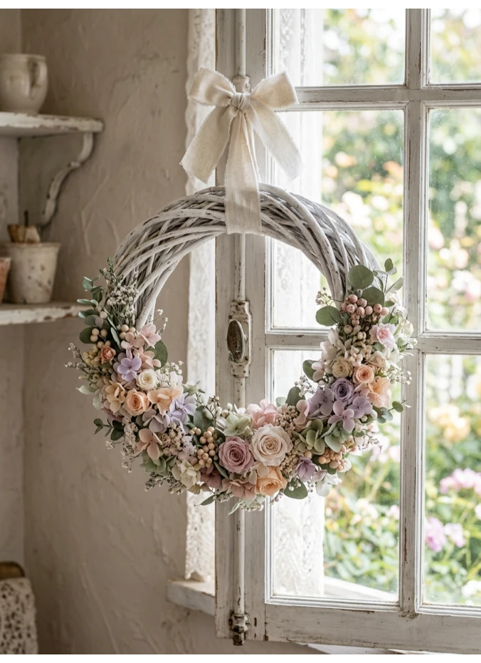 A shabby-chic pastel grapevine wreath