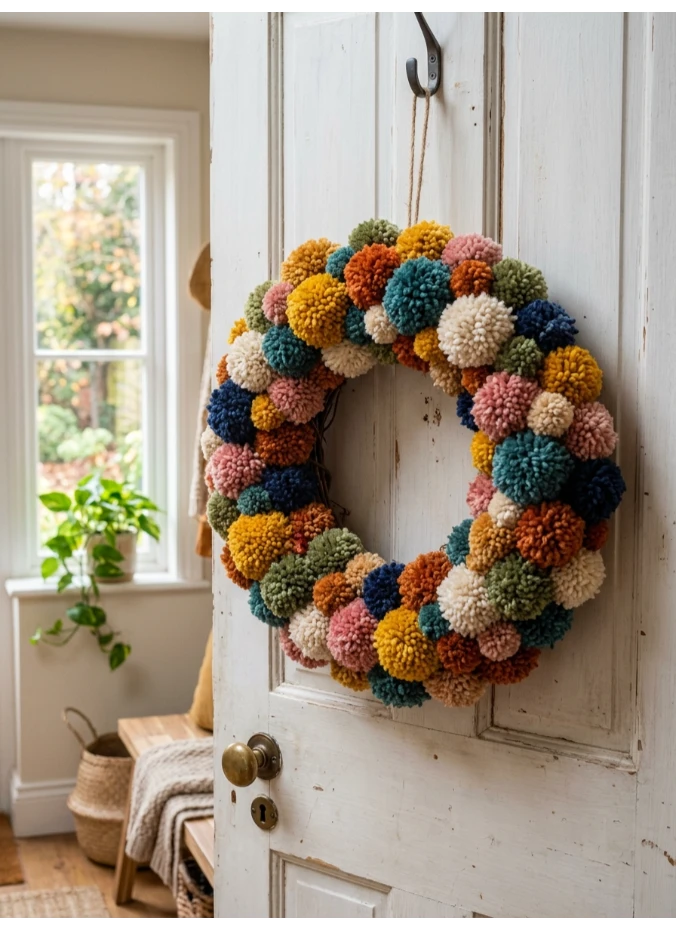 A DIY pom-pom yarn wreath