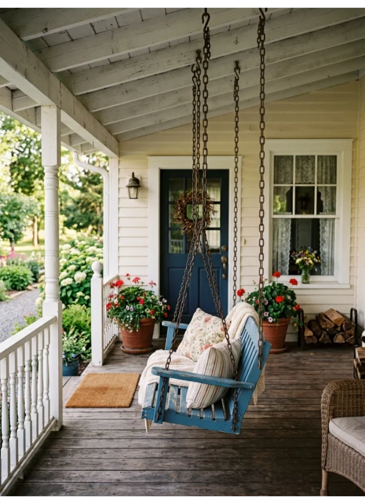 A wooden porch swing as the anchor
