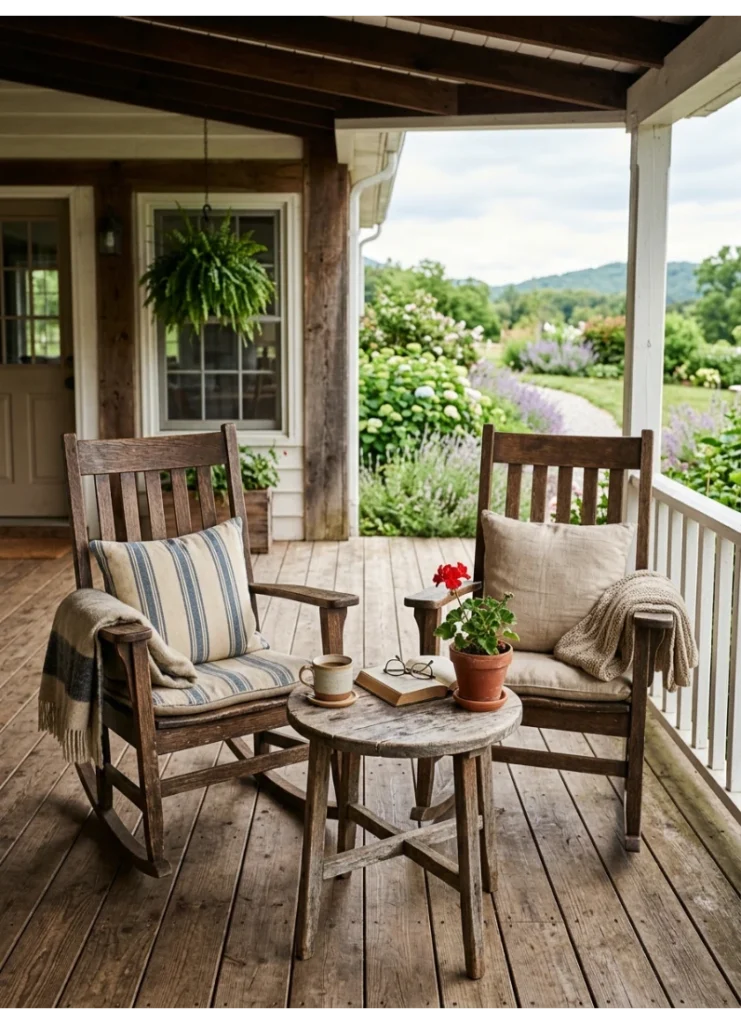 Rocking chairs with a side table between them