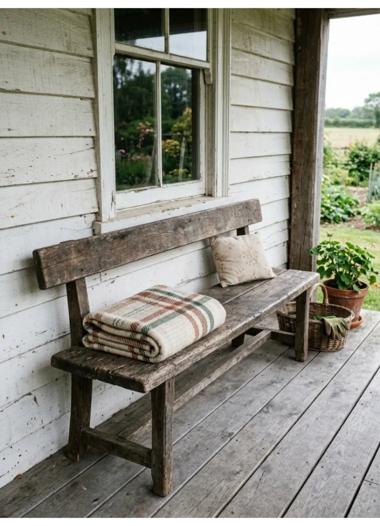 A weathered wood bench along the wall