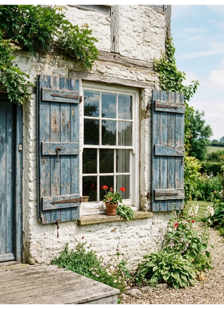 Vintage shutters flanking the door or windows