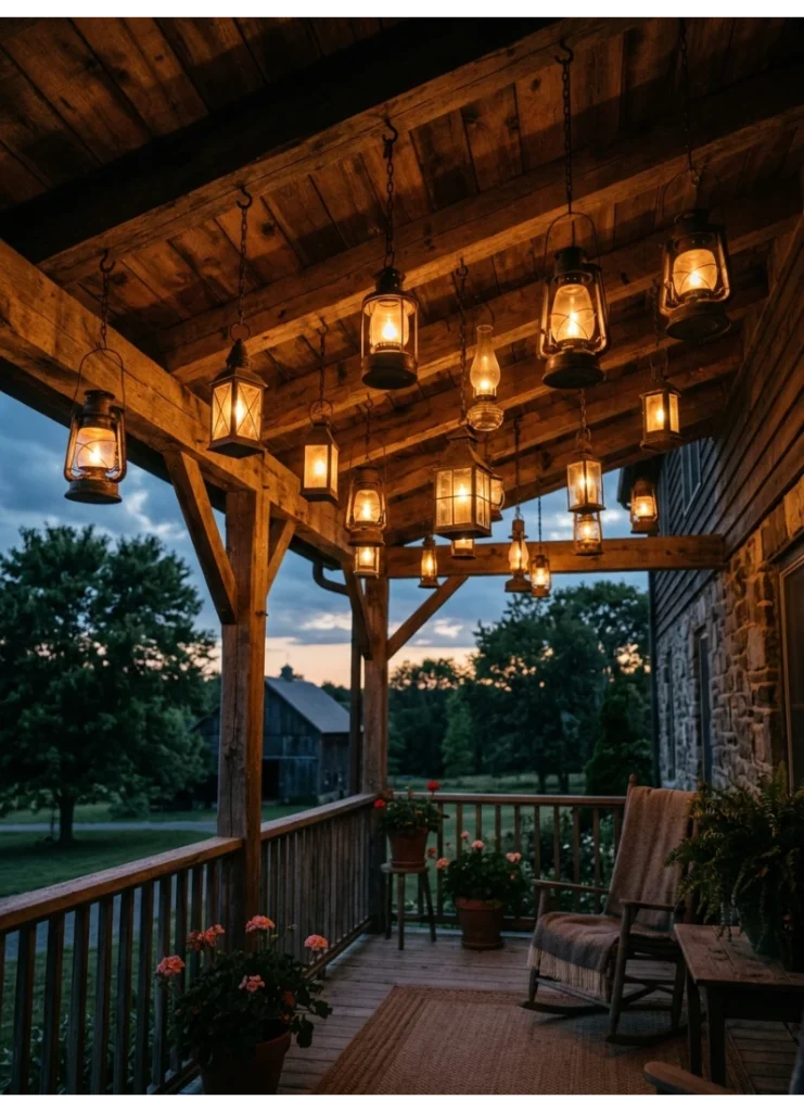 Hanging lanterns from the porch ceiling