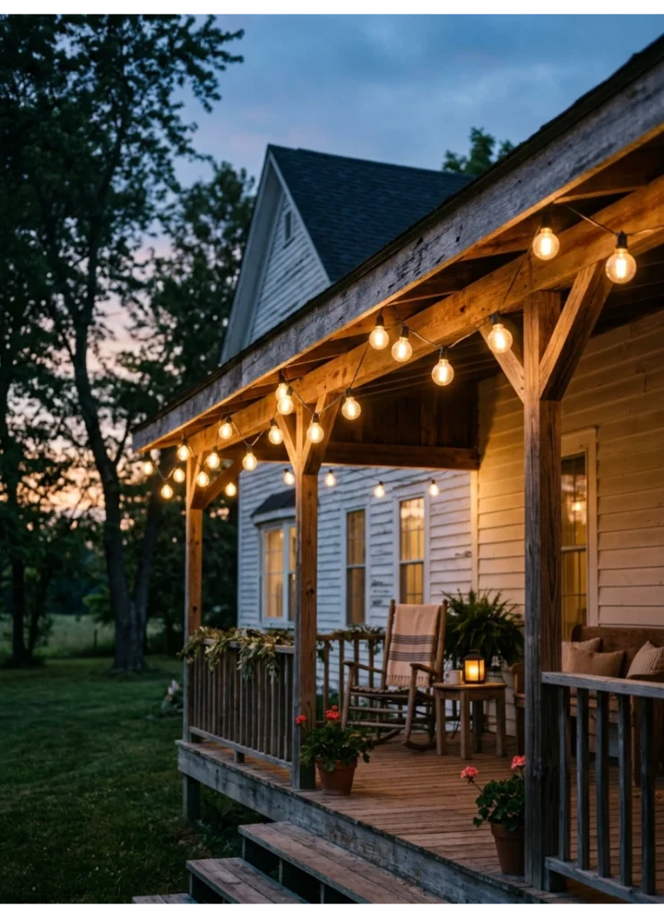 String lights along the porch roofline