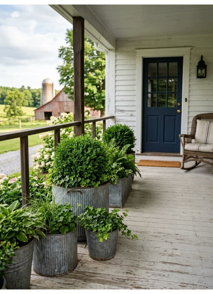 Galvanized planters with greenery
