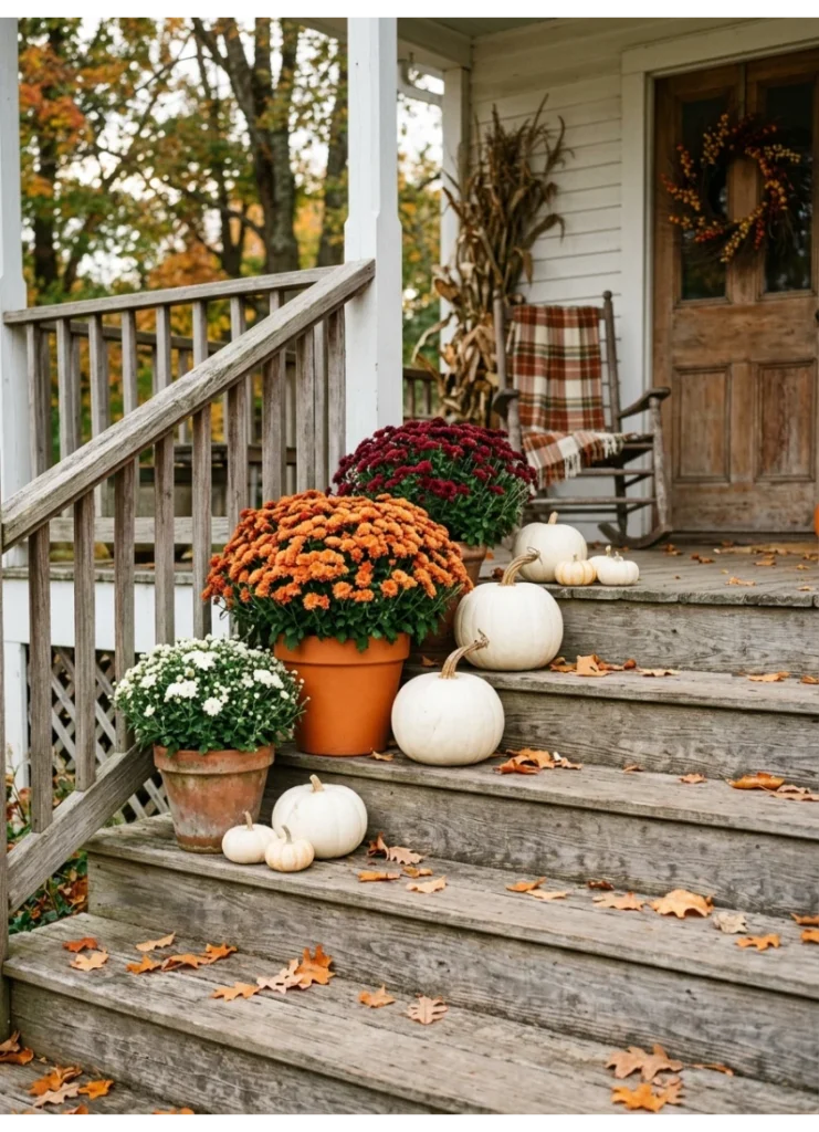 Potted mums and pumpkins in fall