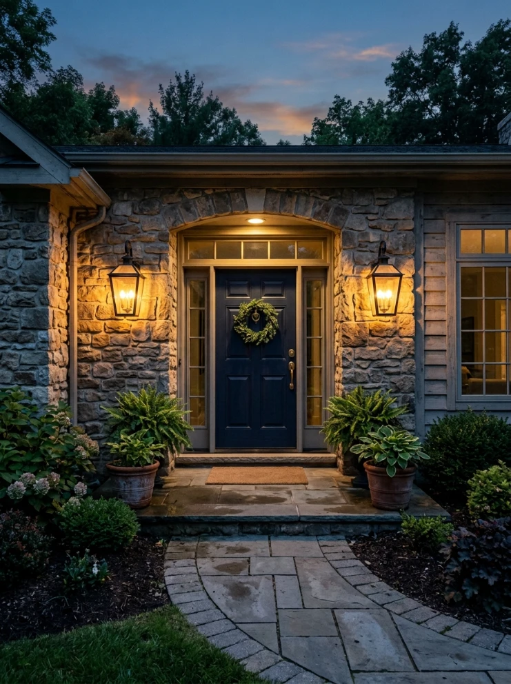 Sconces flanking the door
