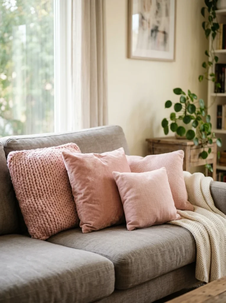 Blush pink accents against a warm grey couch