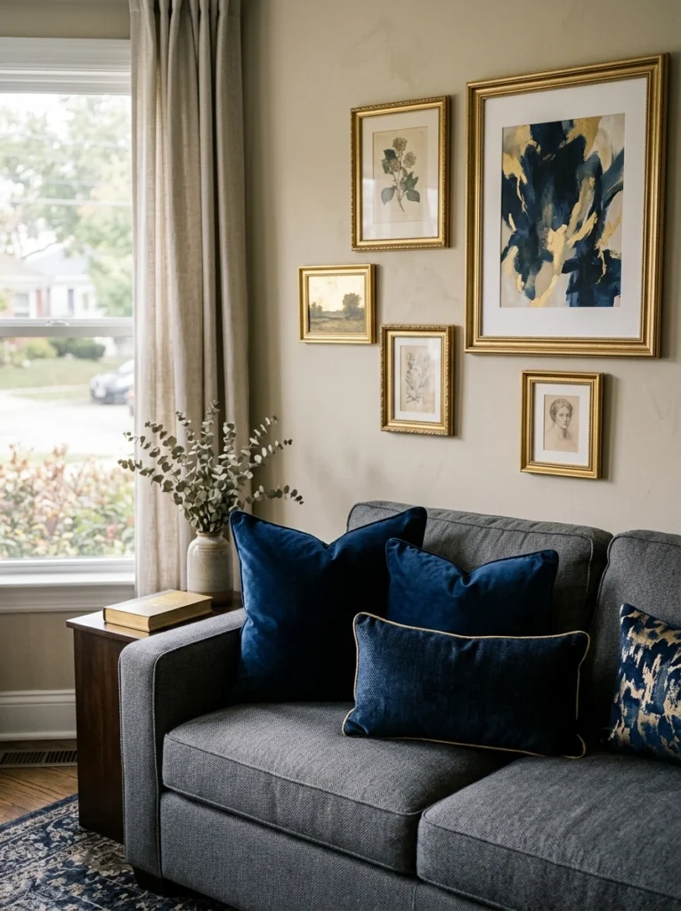 Deep navy paired with gold accents