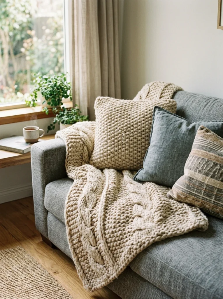 Chunky knit pillows and throws