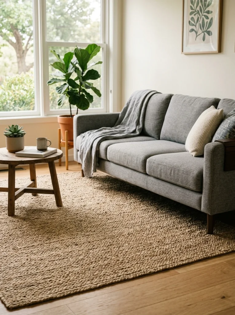 A jute or sisal area rug