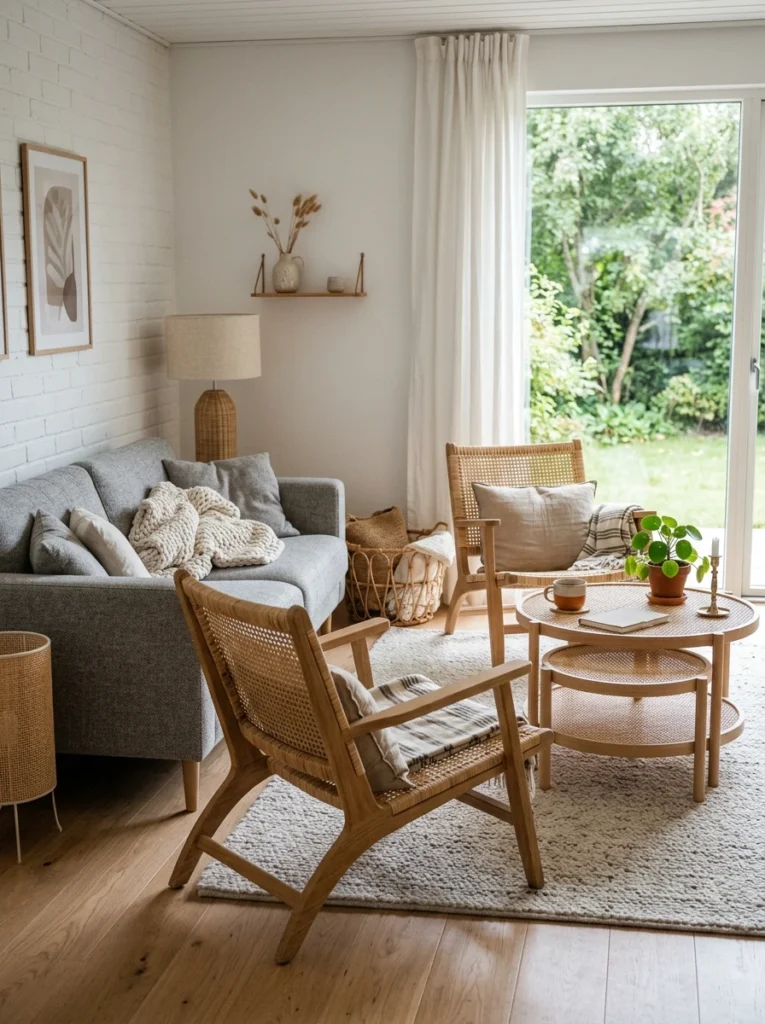 Rattan and light wood furniture