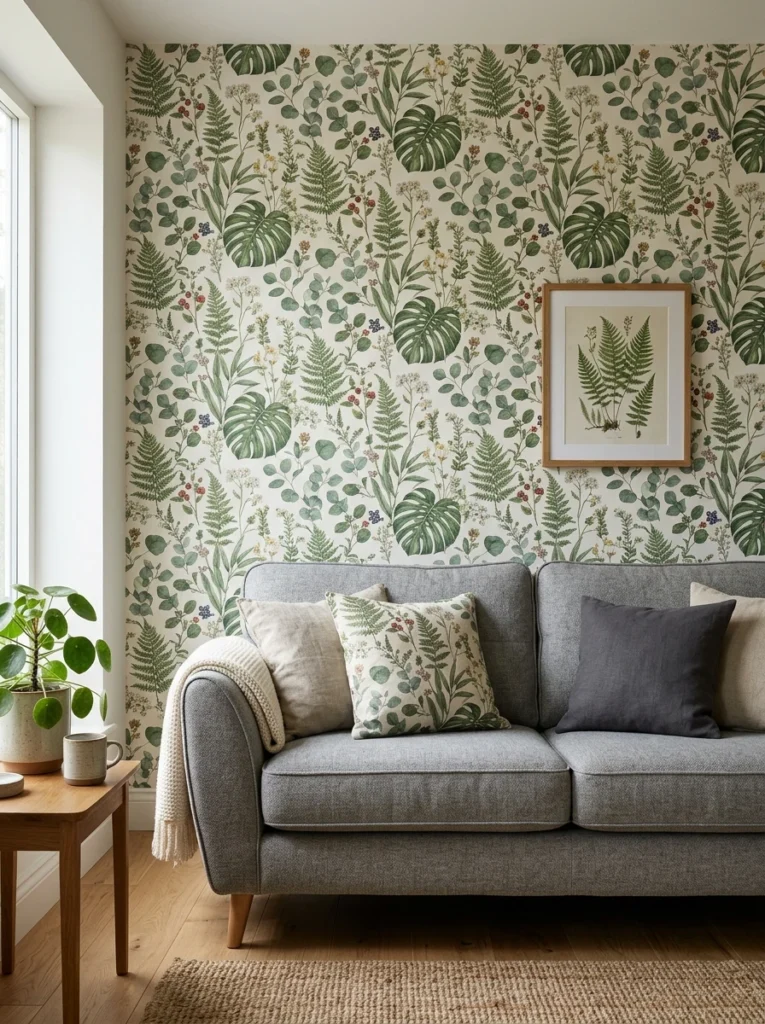 A botanical print wallpaper accent