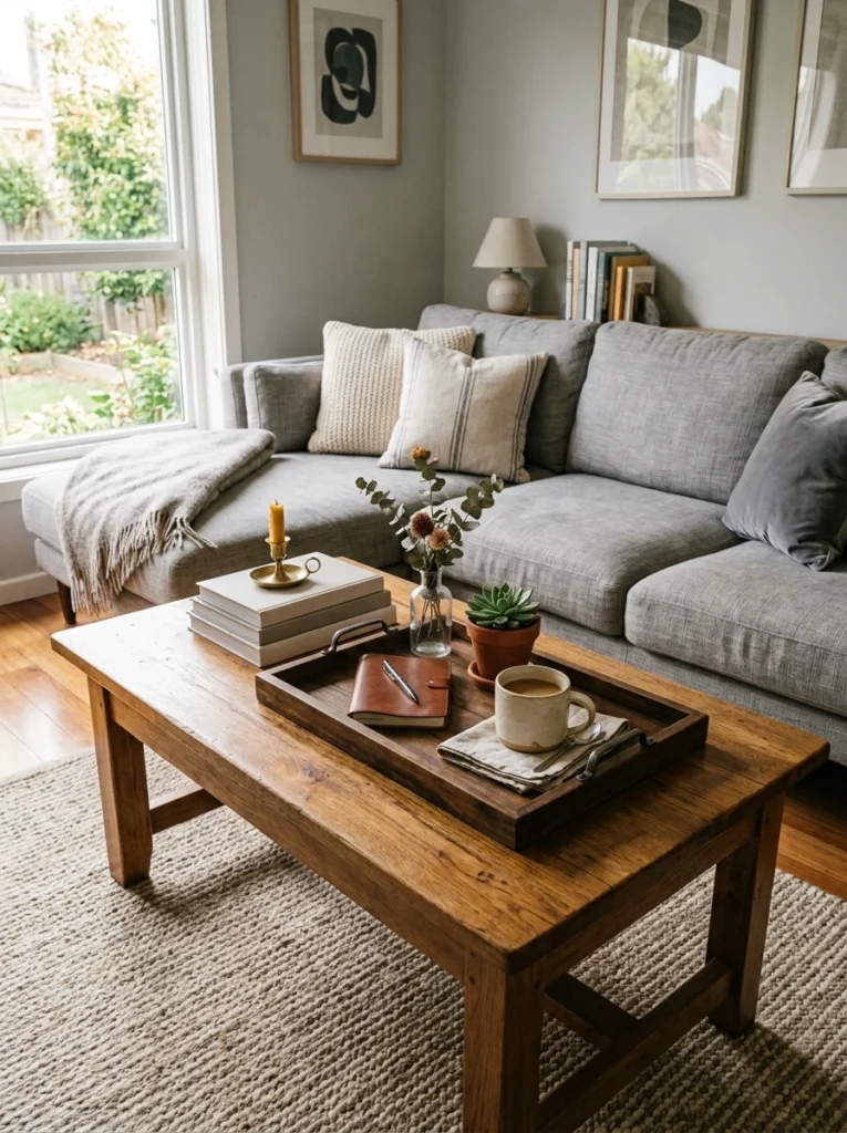 A wood coffee table styled simply