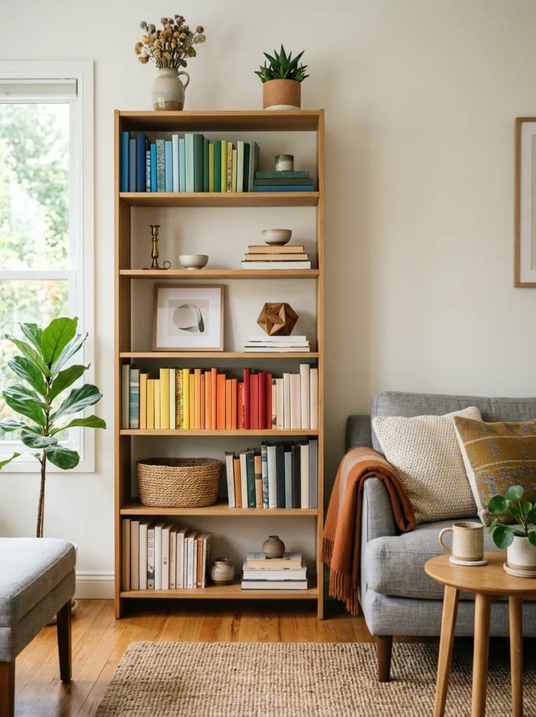 A styled bookshelf nearby