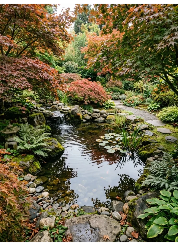 A small pond as the garden's centerpiece