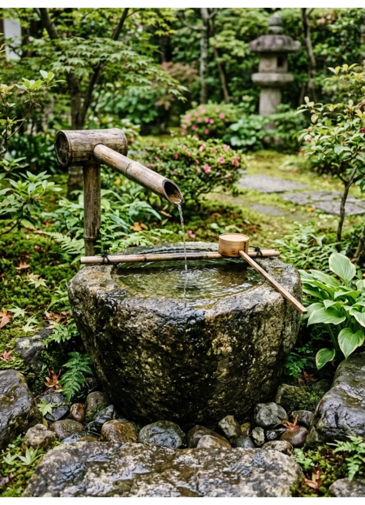 A tsukubai stone water basin