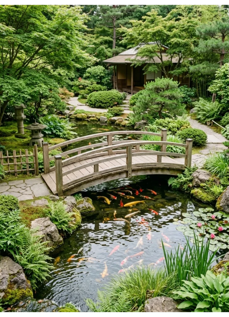 A koi pond with a bridge crossing