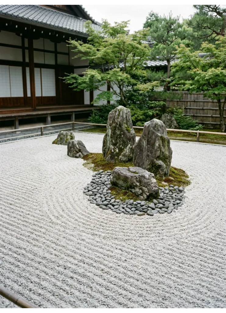 A raked gravel dry landscape