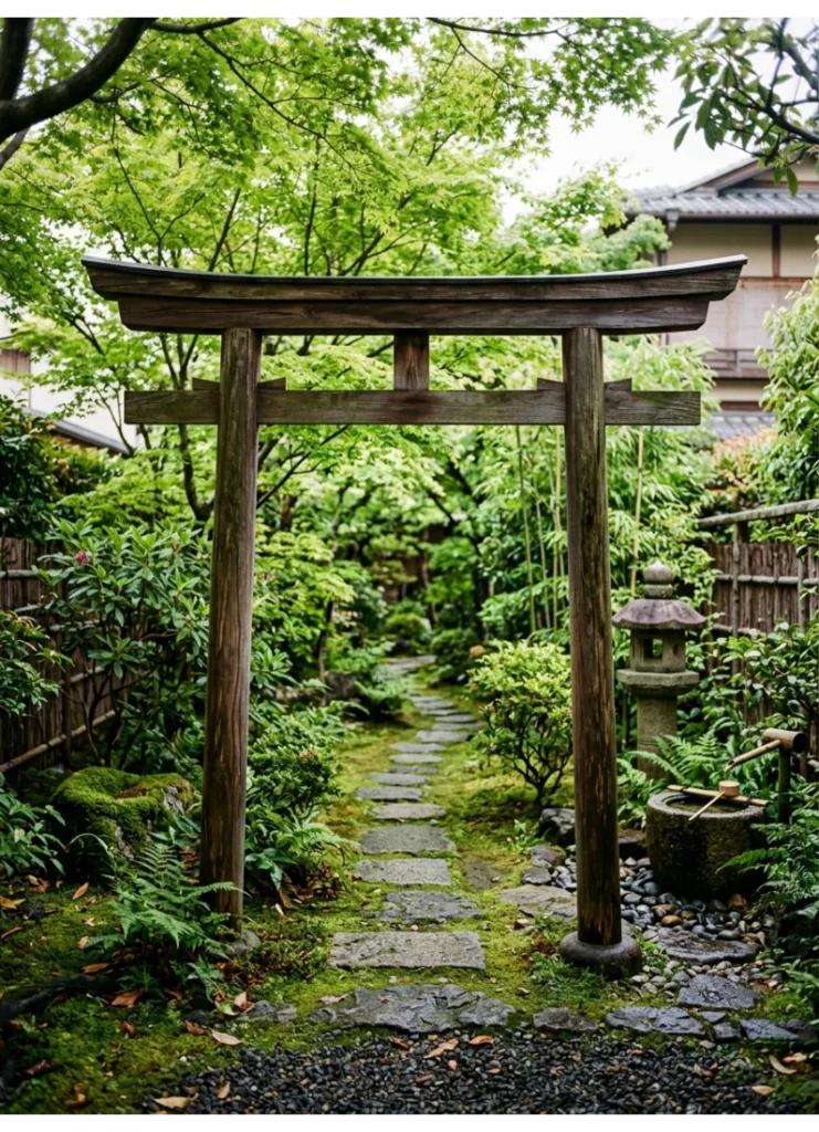 A wooden torii gate at the entrance