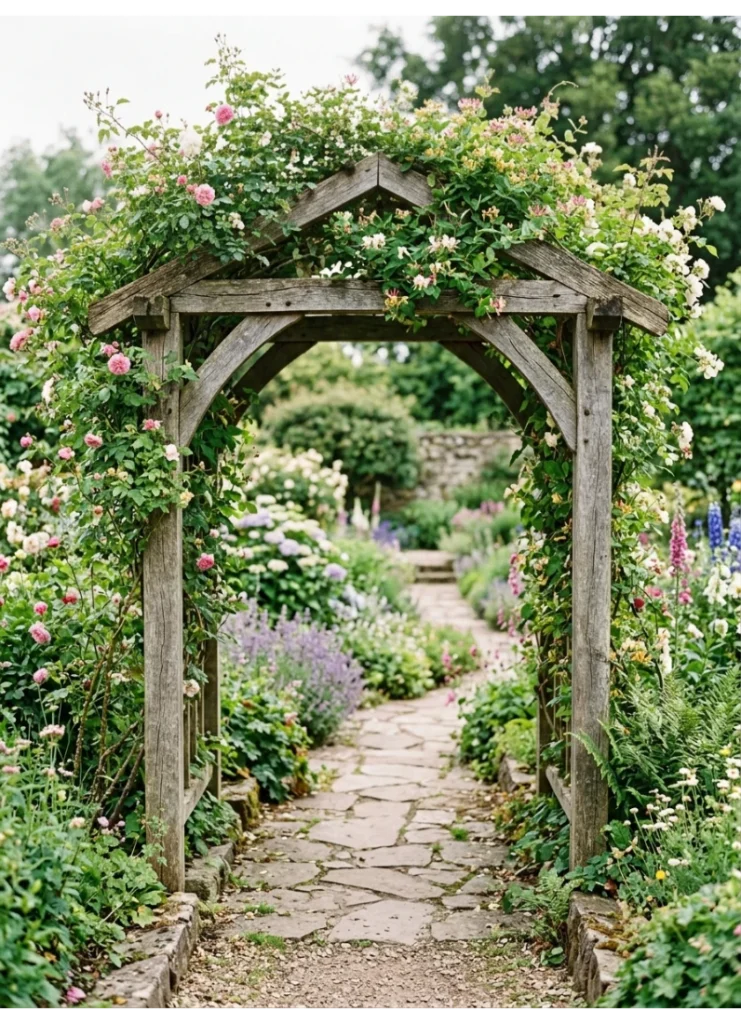 A simple wood arbor with climbing vines