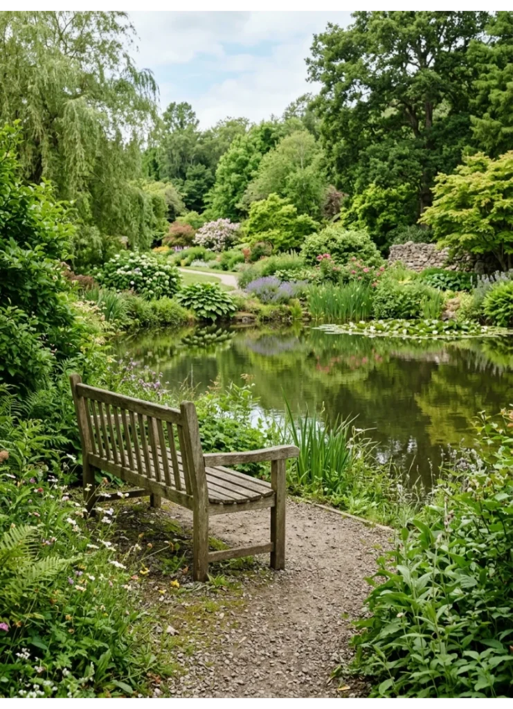 A quiet bench facing the garden's best view