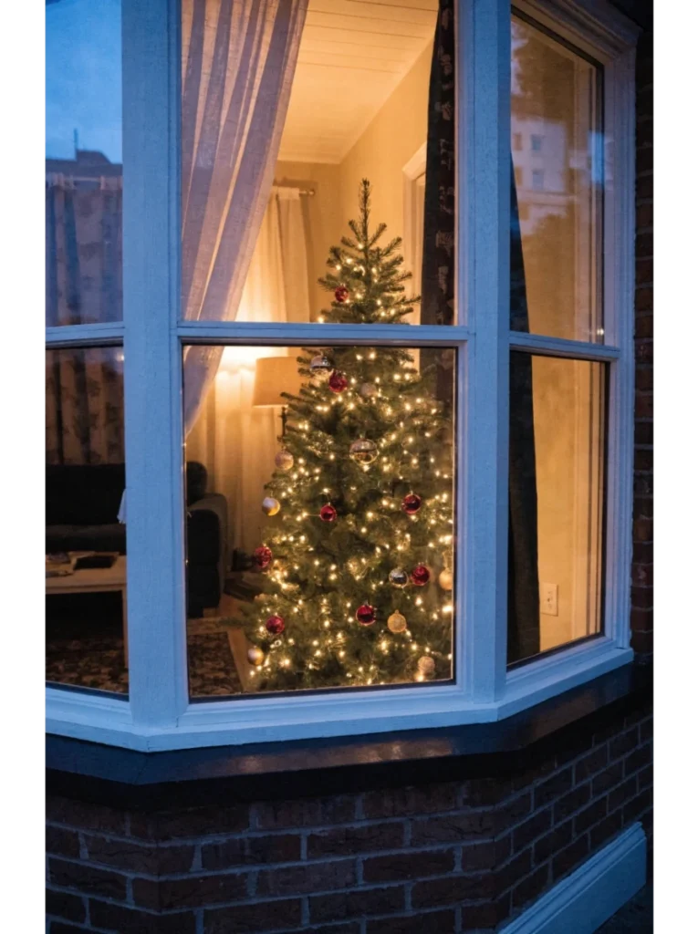 A tree placed in a bay window