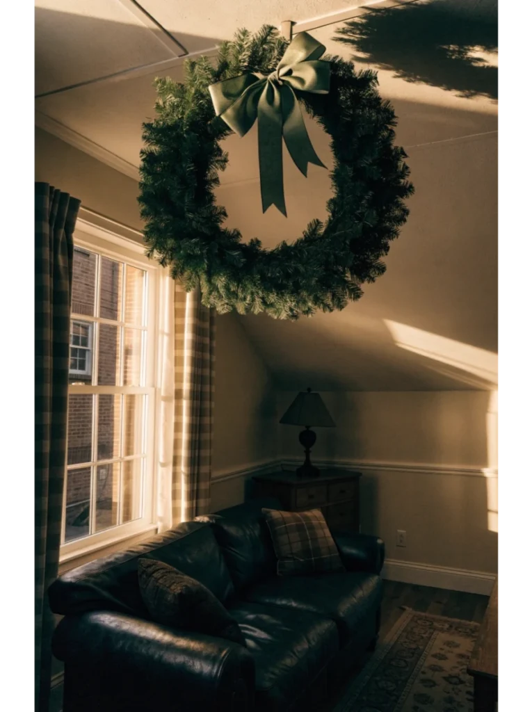 A statement wreath hung high on the wall