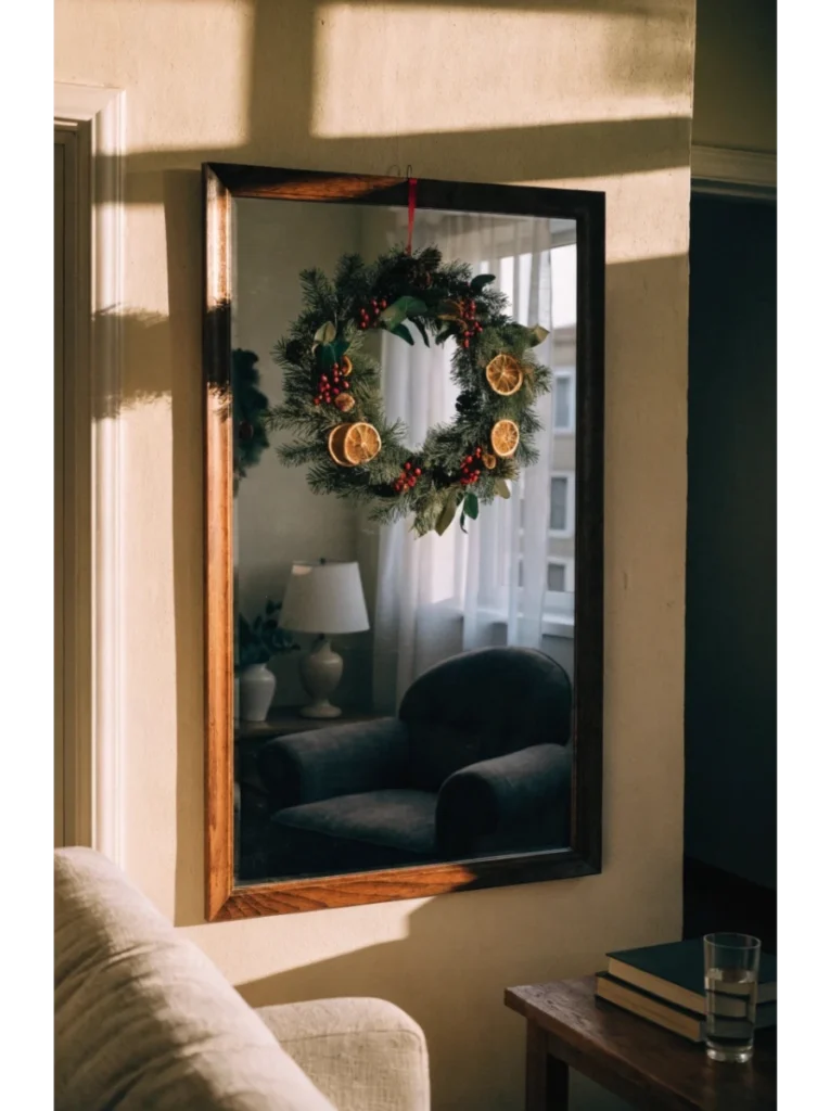 A wreath hung over a mirror