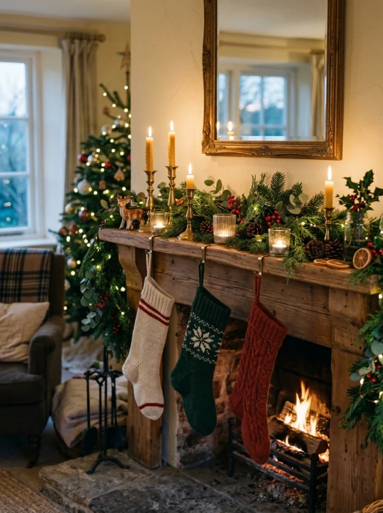 A styled mantel or shelf display