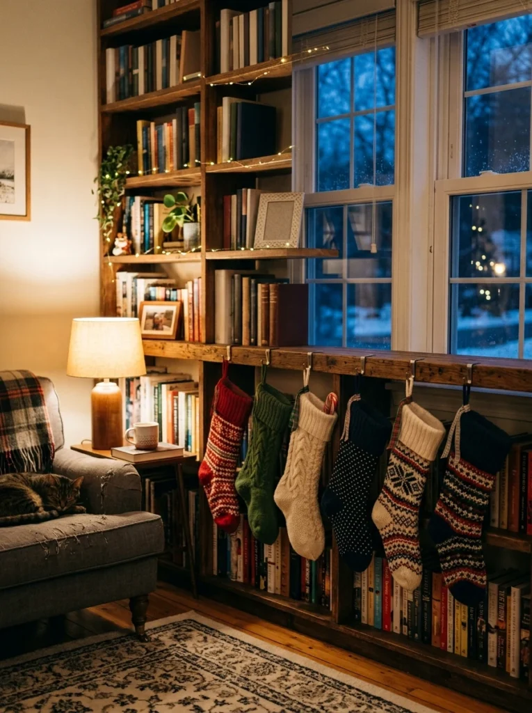 Stockings hung from a bookshelf