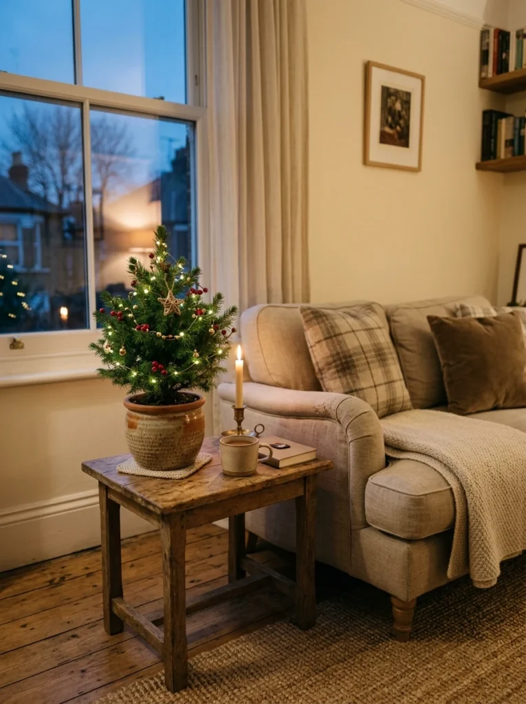 A mini tree or greenery bundle on a side table