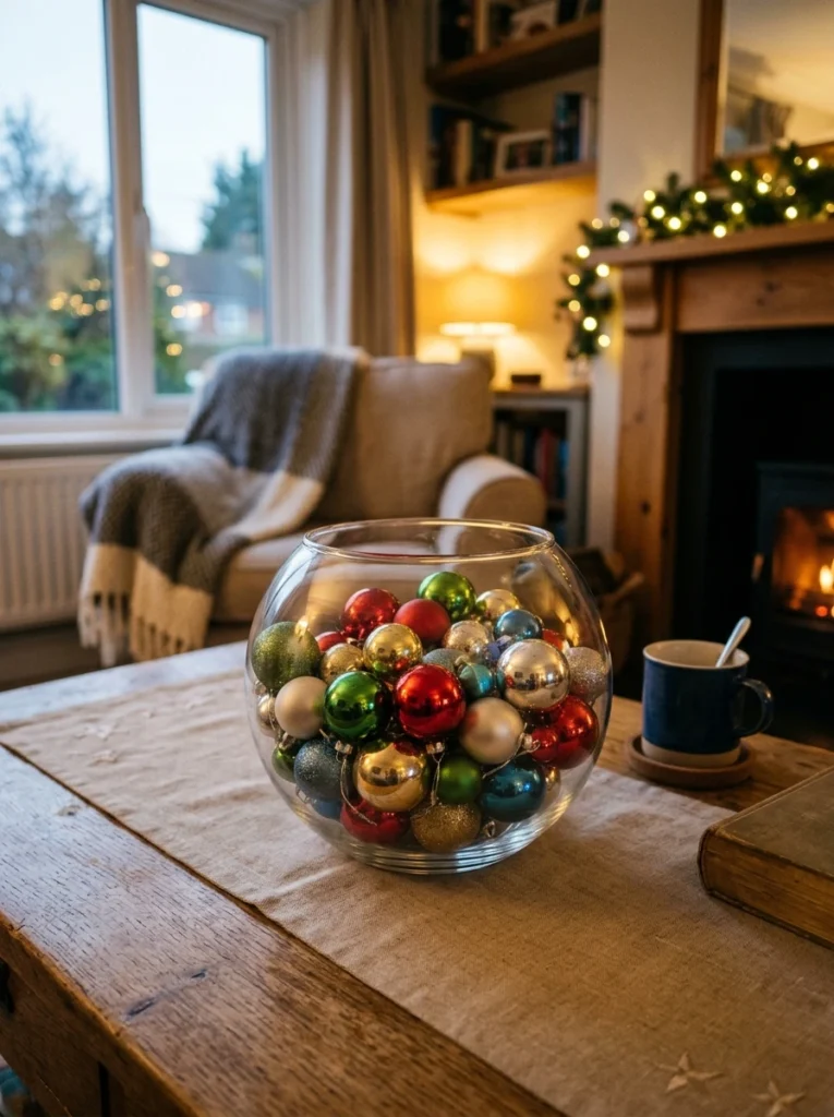A bowl of ornaments as a centerpiece